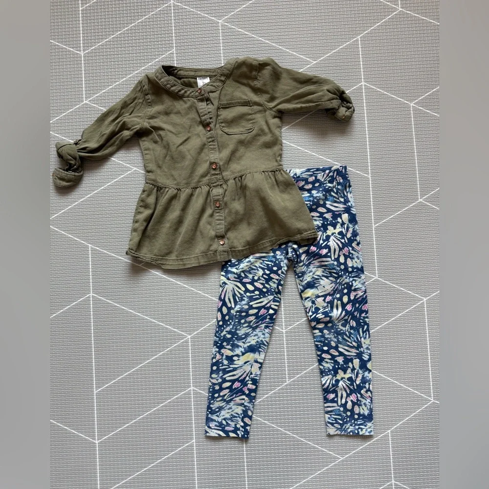 Carters|Baby girl/toddler Olive Green button down shirt and floral leggings•3T
